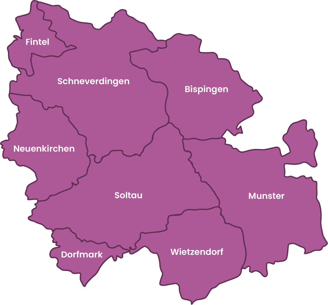 Karte: Verbreitungsgebiet Heide Kurier im nördlichen Heidekreis mit Fintel und Dorfmark