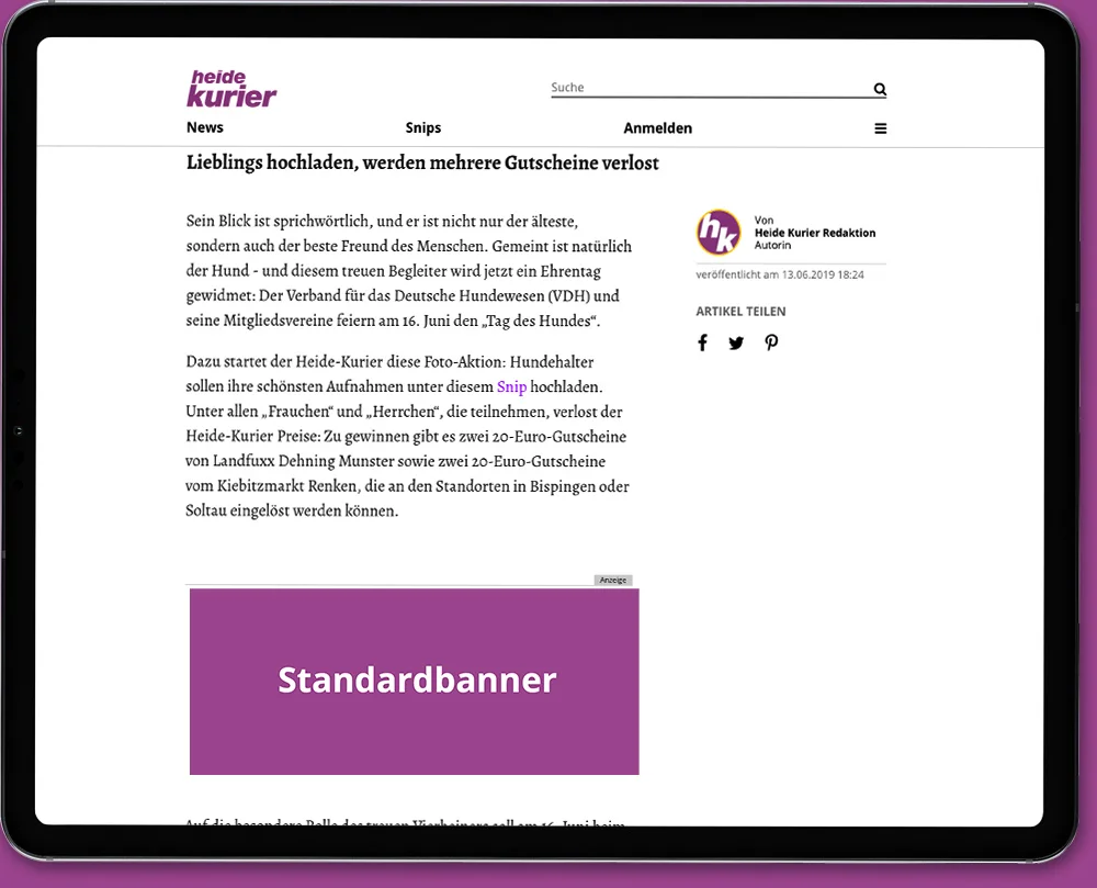 Beispielplatzierung Standardbanner in einem redaktionellen Artikel auf heide-kurier.de