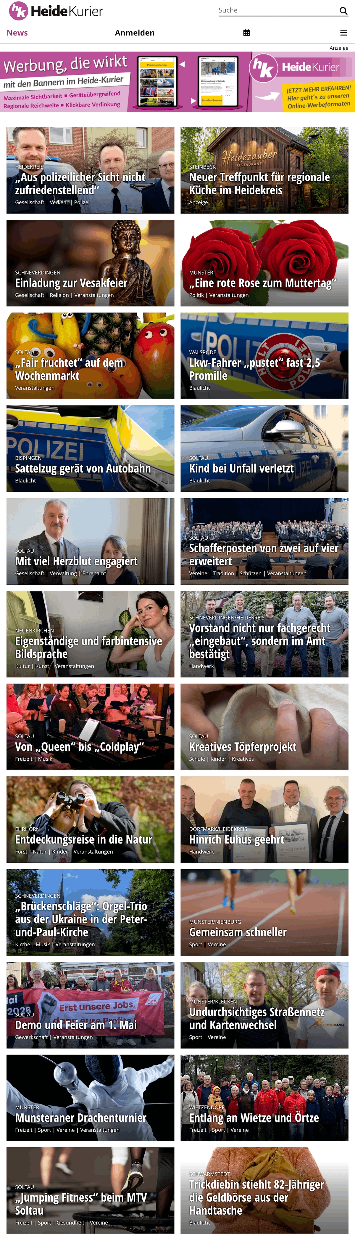 Startseite von heide-kurier.de mit Kachel fuer einen gesponserten Artikel